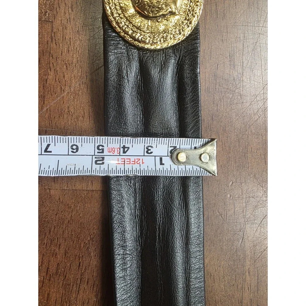 Vintage Leather Shop Black Leather Belt Gold Coin Medallion Roman Greek Bust